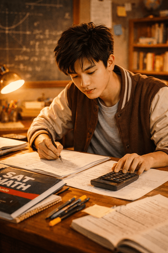 นักเรียนฝึกทำข้อสอบ SAT Math อย่างตั้งใจ